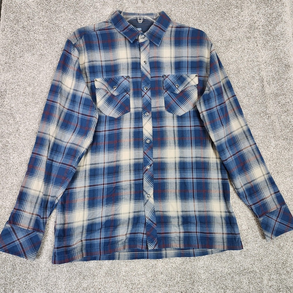 KUHL Shirt Mens Medium Blue Plaid Flannel Snap Button Long Sleeve Western